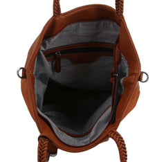 Mixed Material Braided Handle Tote Bag